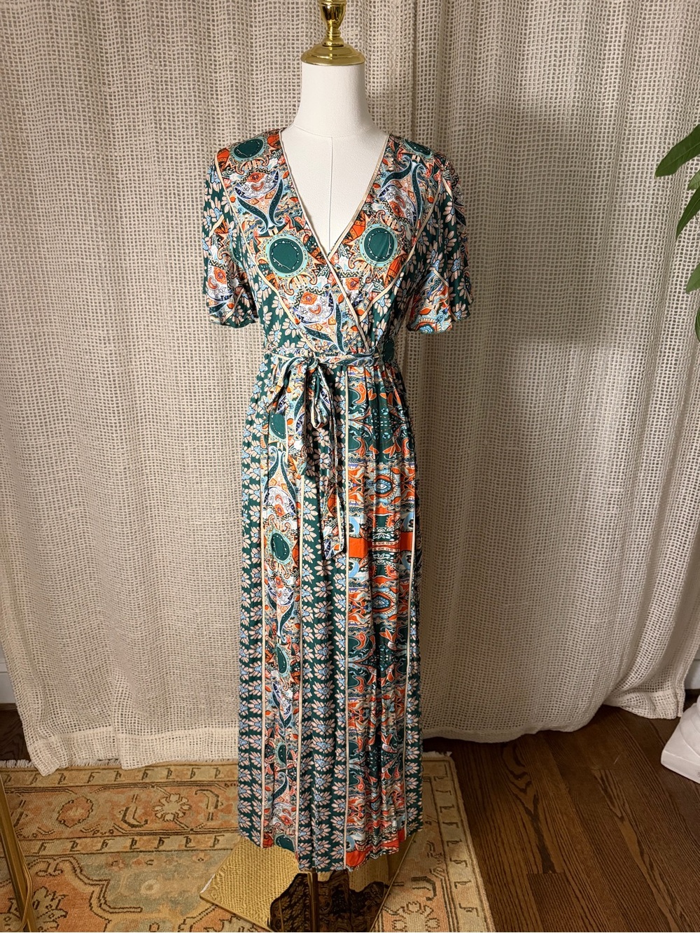 Bohemian Teal & Orange Wrap Maxi Dress